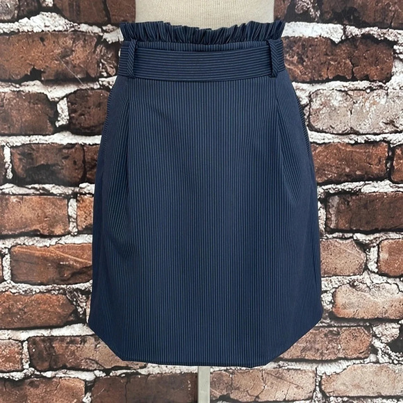 Oliver Bonas Skirt Paperbag Waist Blue Pinstripes Pockets Knee Length 14 - Picture 1 of 15
